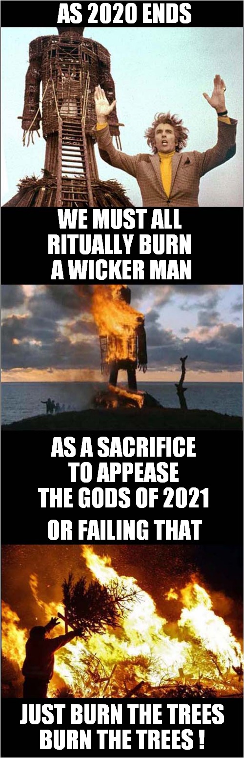 To Ensure A Better 2021 | AS 2020 ENDS; WE MUST ALL RITUALLY BURN  A WICKER MAN; AS A SACRIFICE TO APPEASE THE GODS OF 2021; OR FAILING THAT; JUST BURN THE TREES
BURN THE TREES ! | image tagged in 2021,burning,sacrice,the wicker man | made w/ Imgflip meme maker