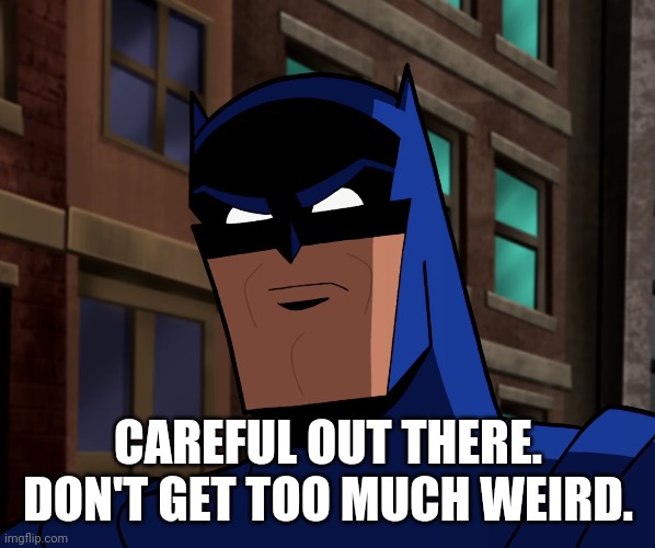 Batman (The Brave and the Bold) | CAREFUL OUT THERE. DON'T GET TOO MUCH WEIRD. | image tagged in batman the brave and the bold | made w/ Imgflip meme maker