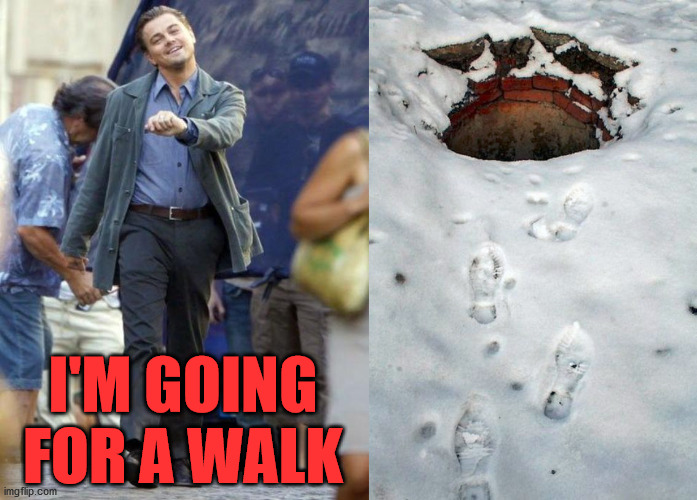 It became dark all of a sudden. |  I'M GOING FOR A WALK | image tagged in dicaprio walking,falling down,hole | made w/ Imgflip meme maker