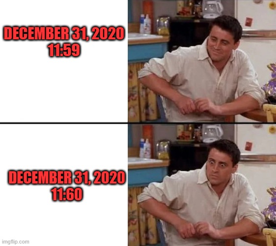 Surprise 2020 New Year | DECEMBER 31, 2020 
11:59; DECEMBER 31, 2020
11:60 | image tagged in surprised joey | made w/ Imgflip meme maker