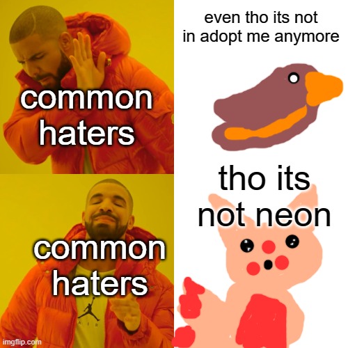 Drake Hotline Bling | even tho its not in adopt me anymore; common haters; tho its not neon; common haters | image tagged in memes,drake hotline bling | made w/ Imgflip meme maker