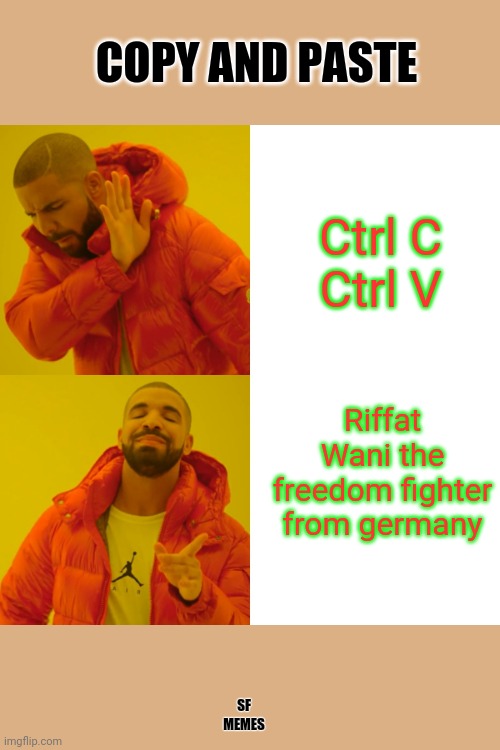 Drake Hotline Bling | COPY AND PASTE; Ctrl C
Ctrl V; Riffat Wani the freedom fighter from germany; SF
MEMES | image tagged in memes,drake hotline bling | made w/ Imgflip meme maker