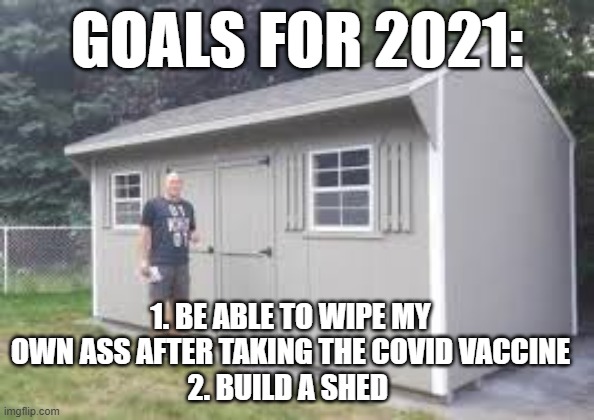 GOALS | GOALS FOR 2021:; 1. BE ABLE TO WIPE MY OWN ASS AFTER TAKING THE COVID VACCINE
2. BUILD A SHED | image tagged in scamdemic,vaxxesarebadmmmmk,newyearsresolution,plandemic,controlavirus | made w/ Imgflip meme maker