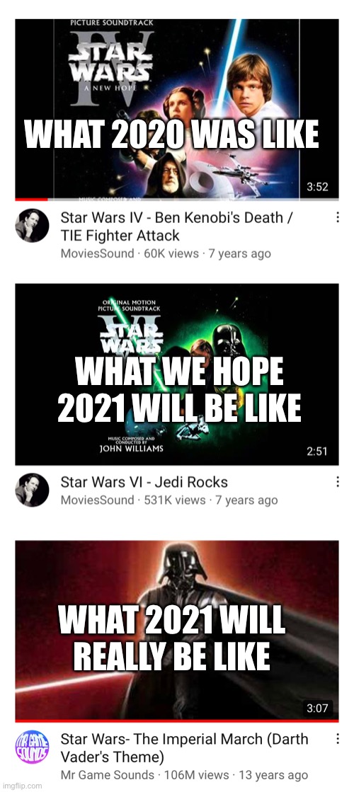 Beware 2021 | WHAT 2020 WAS LIKE; WHAT WE HOPE 2021 WILL BE LIKE; WHAT 2021 WILL REALLY BE LIKE | image tagged in star wars,2021,2020,2020 sucks | made w/ Imgflip meme maker