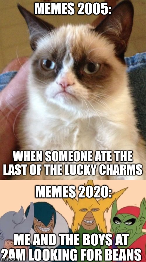 MEMES 2005:; WHEN SOMEONE ATE THE LAST OF THE LUCKY CHARMS; MEMES 2020:; ME AND THE BOYS AT 2AM LOOKING FOR BEANS | image tagged in memes,grumpy cat | made w/ Imgflip meme maker