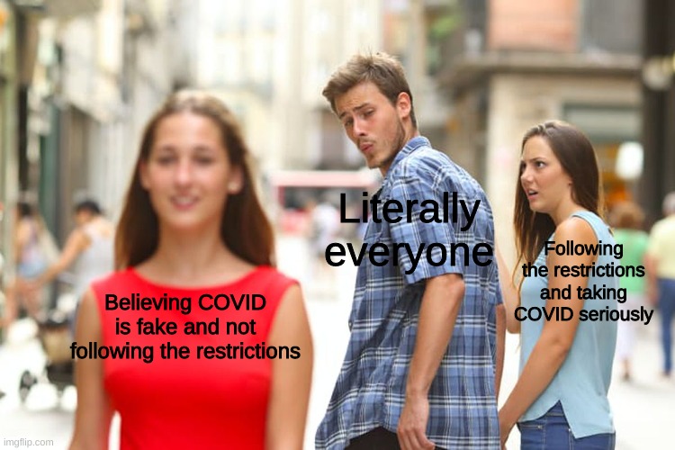 It's true and you know it | Literally everyone; Following the restrictions and taking COVID seriously; Believing COVID is fake and not following the restrictions | image tagged in memes,distracted boyfriend | made w/ Imgflip meme maker