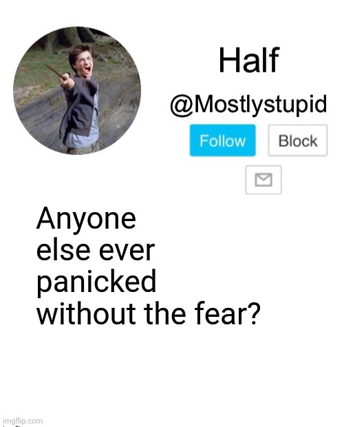 Mostlystupid template | Anyone else ever panicked without the fear? | image tagged in mostlystupid template | made w/ Imgflip meme maker