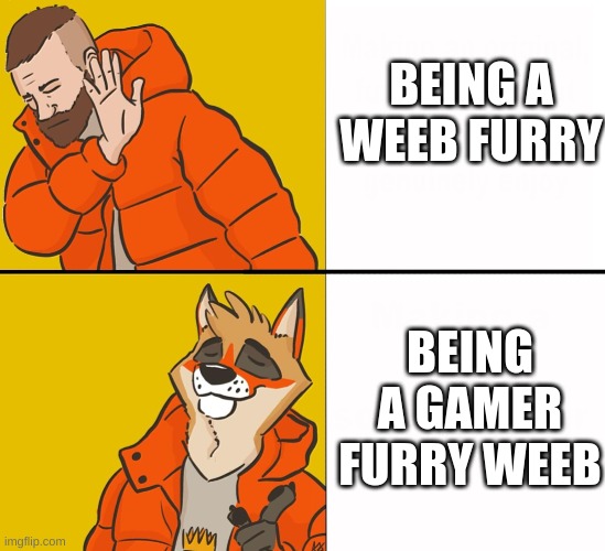 noice | BEING A WEEB FURRY; BEING A GAMER FURRY WEEB | image tagged in furry drake | made w/ Imgflip meme maker