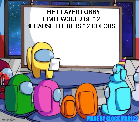 among us presentation | THE PLAYER LOBBY LIMIT WOULD BE 12 BECAUSE THERE IS 12 COLORS. MADE BY CLOCK MAN122 | image tagged in among us presentation | made w/ Imgflip meme maker