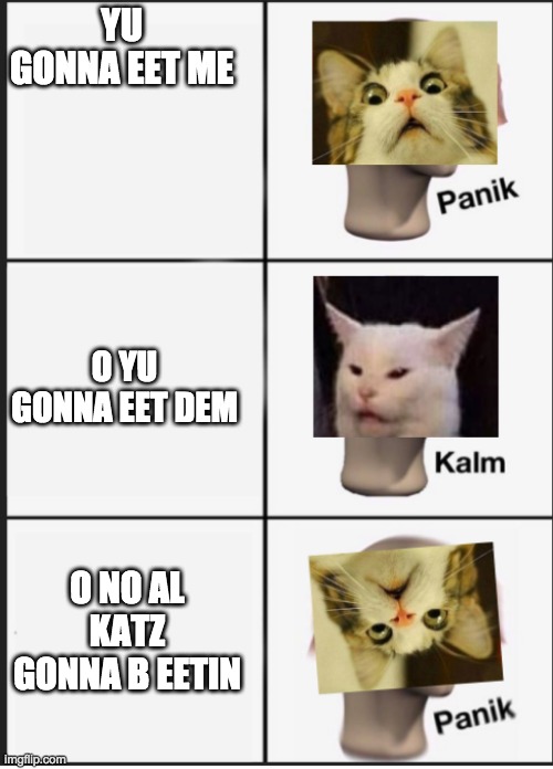 Cat Panik Cat Kalm Cat Panik | YU GONNA EET ME O YU GONNA EET DEM O NO AL KATZ GONNA B EETIN | image tagged in cat panik cat kalm cat panik | made w/ Imgflip meme maker