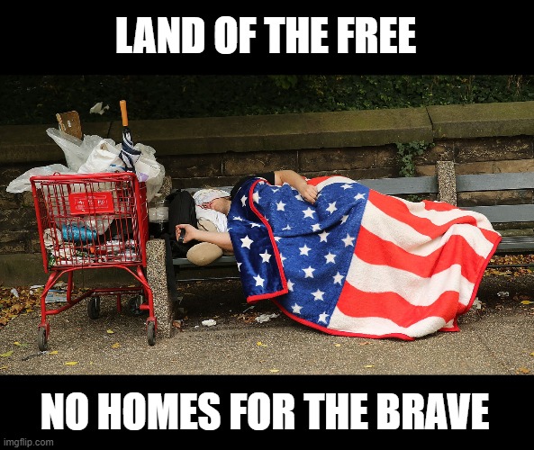 The Richest Country in the World? | LAND OF THE FREE; NO HOMES FOR THE BRAVE | image tagged in homeless | made w/ Imgflip meme maker