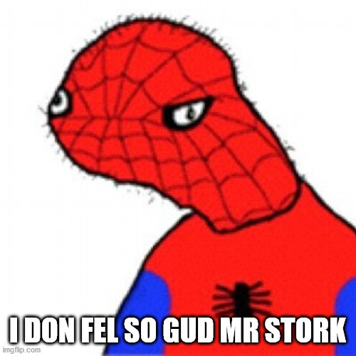 Spuderman | I DON FEL SO GUD MR STORK | image tagged in spuderman | made w/ Imgflip meme maker