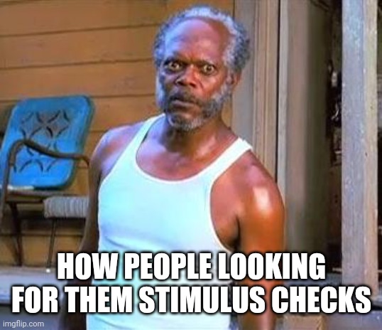 Samuel L Jackson | HOW PEOPLE LOOKING FOR THEM STIMULUS CHECKS | image tagged in samuel l jackson | made w/ Imgflip meme maker
