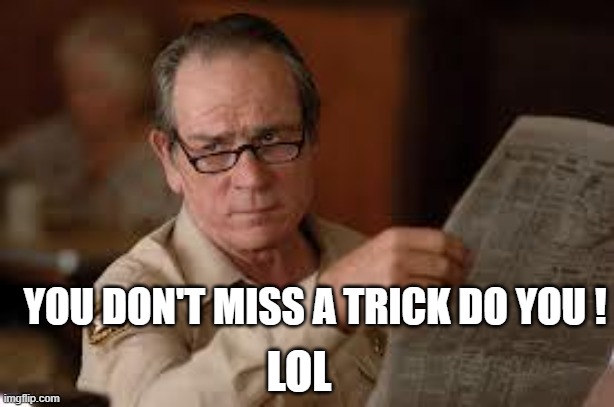 no country for old men tommy lee jones | YOU DON'T MISS A TRICK DO YOU ! LOL | image tagged in no country for old men tommy lee jones | made w/ Imgflip meme maker