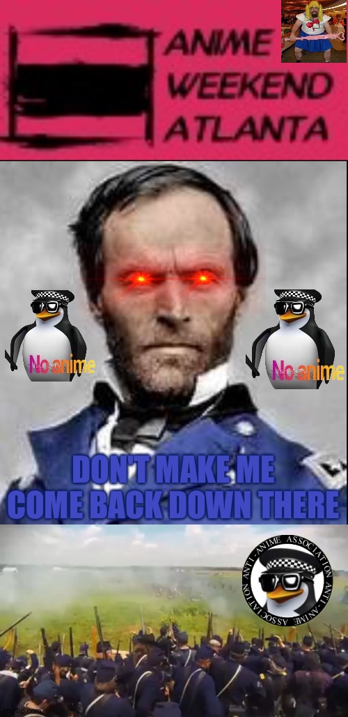 From Atlanta to the sea | DON'T MAKE ME COME BACK DOWN THERE | image tagged in civil war,history,anti anime,anti anime association,no anime allowed,no anime | made w/ Imgflip meme maker