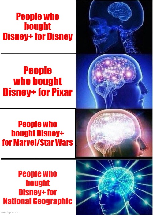 Expanding Brain Meme | People who bought Disney+ for Disney; People who bought Disney+ for Pixar; People who bought Disney+ for Marvel/Star Wars; People who bought Disney+ for National Geographic | image tagged in memes,expanding brain | made w/ Imgflip meme maker