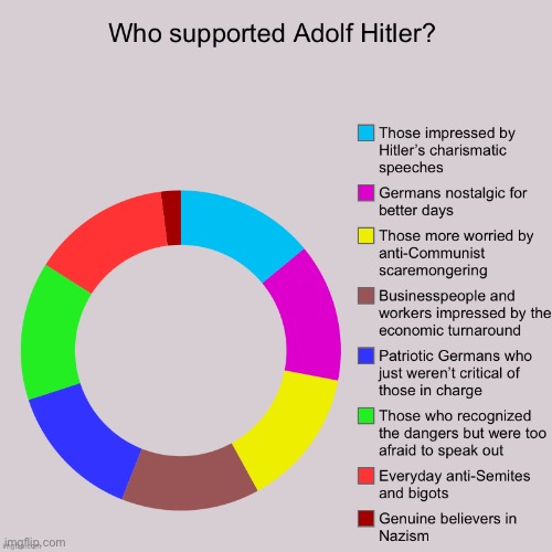 Hitler won in the same way as Moon_Man.exe: by talking about glory, the economy, issues people care about. Then came the ovens | image tagged in who supported adolf hitler,hitler,adolf hitler,white nationalism,pie charts,historical meme | made w/ Imgflip meme maker