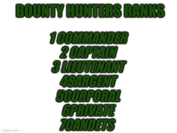 ranks |  BOUNTY HUNTERS RANKS; 1 COMMANDER
2 CAPTAIN
3 LIEUTENANT
4SARGENT
5CORPORAL
6PRIVATE
7CANDETS | image tagged in blank white template | made w/ Imgflip meme maker