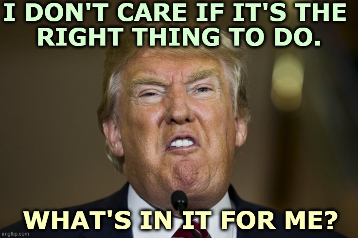 Everything's a transaction. No principles, no morals, no ideology, just addition and subtraction. | I DON'T CARE IF IT'S THE 
RIGHT THING TO DO. WHAT'S IN IT FOR ME? | image tagged in trump snarl,trump,greed,bad | made w/ Imgflip meme maker
