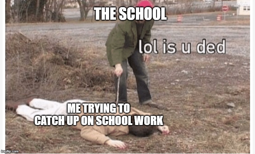 Lol is u ded | THE SCHOOL; ME TRYING TO CATCH UP ON SCHOOL WORK | image tagged in lol is u ded | made w/ Imgflip meme maker
