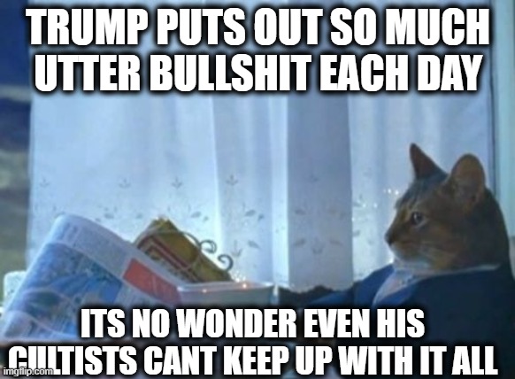 Epiphany | TRUMP PUTS OUT SO MUCH UTTER BULLSHIT EACH DAY; ITS NO WONDER EVEN HIS CULTISTS CANT KEEP UP WITH IT ALL | image tagged in memes,i should buy a boat cat,politics,donald trump is an idiot,maga,i should buy a boat human | made w/ Imgflip meme maker