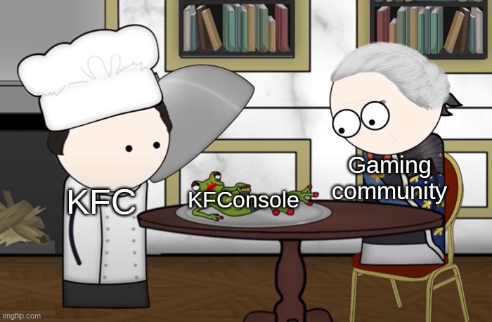 KFConsole | Gaming community; KFConsole; KFC | image tagged in chef showing sexy frog,kfconsole,kfc | made w/ Imgflip meme maker