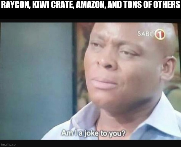 Am I a joke to you? | RAYCON, KIWI CRATE, AMAZON, AND TONS OF OTHERS | image tagged in am i a joke to you | made w/ Imgflip meme maker