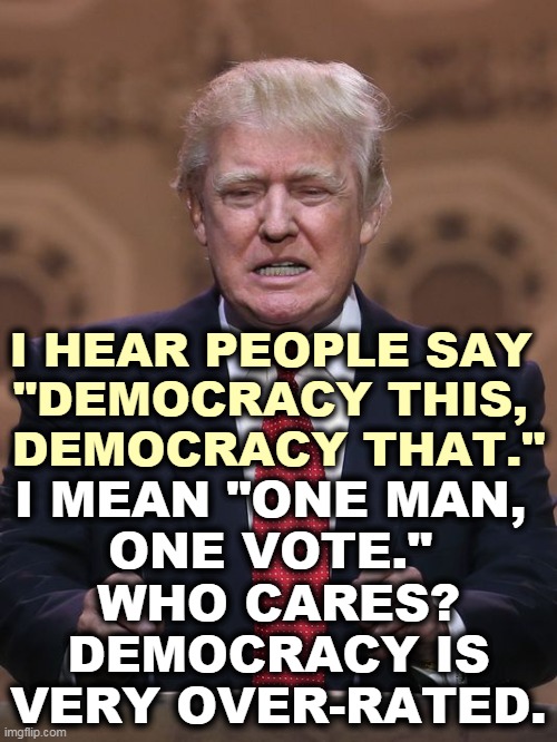 This is how the Constitution dies. | I MEAN "ONE MAN, 
ONE VOTE." 
WHO CARES?
DEMOCRACY IS VERY OVER-RATED. I HEAR PEOPLE SAY 
"DEMOCRACY THIS, 
DEMOCRACY THAT." | image tagged in donald trump,destruction,evil,russia,tool | made w/ Imgflip meme maker