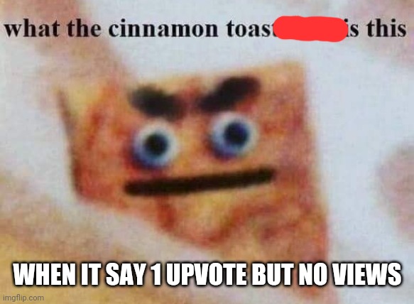 what the cinnamon toast f^%$ is this | WHEN IT SAY 1 UPVOTE BUT NO VIEWS | image tagged in what the cinnamon toast f is this | made w/ Imgflip meme maker
