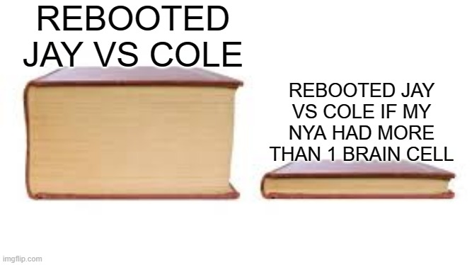 Big book small book | REBOOTED JAY VS COLE; REBOOTED JAY VS COLE IF MY NYA HAD MORE THAN 1 BRAIN CELL | image tagged in big book small book | made w/ Imgflip meme maker