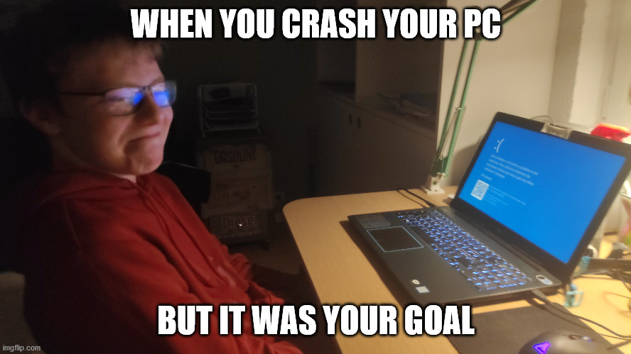 WHEN YOU CRASH YOUR PC; BUT IT WAS YOUR GOAL | image tagged in pc | made w/ Imgflip meme maker