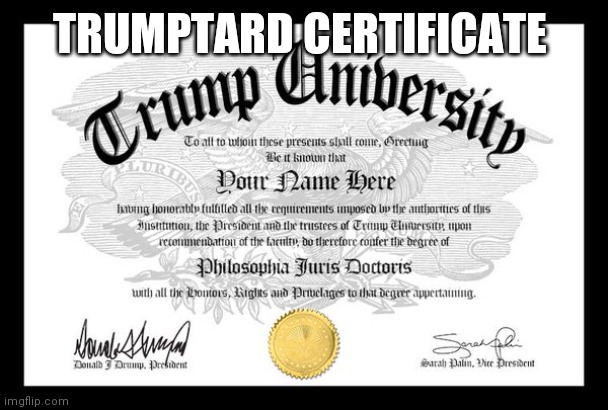 Trumptard certificate | TRUMPTARD CERTIFICATE | image tagged in trump university,trump,anti trump meme | made w/ Imgflip meme maker