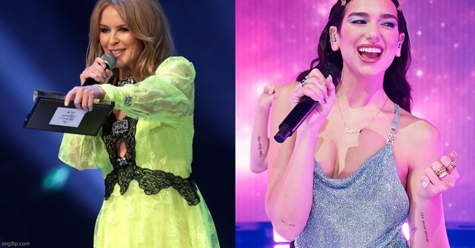 Kylie Minogue releases Studio 2054 remix of ‘Real Groove’ featuring Dua Lipa | image tagged in kylie dua lipa | made w/ Imgflip meme maker