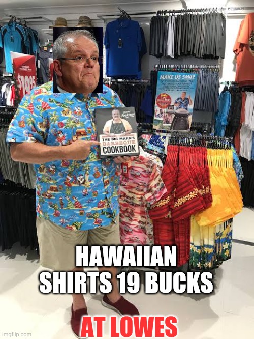 Scomo | HAWAIIAN SHIRTS 19 BUCKS; AT LOWES | image tagged in hawaii | made w/ Imgflip meme maker