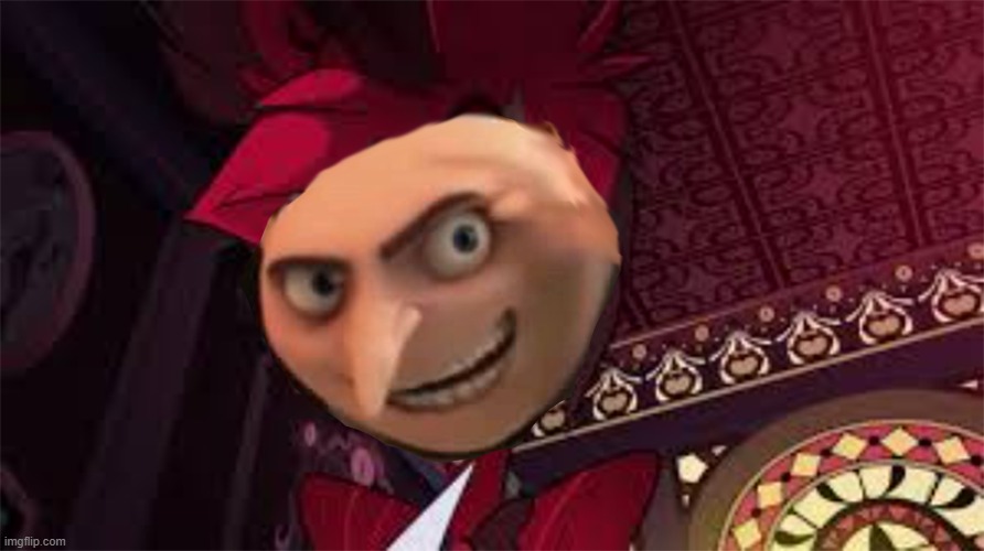 Alastor with Gru's face, Alasgru | image tagged in gru,alastor,hazbin hotel | made w/ Imgflip meme maker