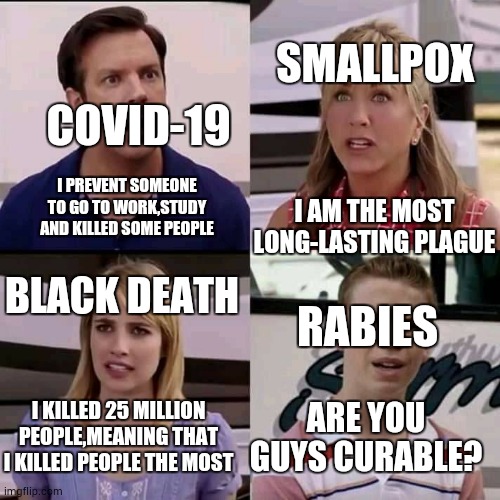 We are the millers | SMALLPOX; COVID-19; I PREVENT SOMEONE TO GO TO WORK,STUDY AND KILLED SOME PEOPLE; I AM THE MOST LONG-LASTING PLAGUE; BLACK DEATH; RABIES; I KILLED 25 MILLION PEOPLE,MEANING THAT I KILLED PEOPLE THE MOST; ARE YOU GUYS CURABLE? | image tagged in we are the millers | made w/ Imgflip meme maker
