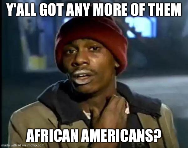 Excuse me?! | Y'ALL GOT ANY MORE OF THEM; AFRICAN AMERICANS? | image tagged in memes,y'all got any more of that | made w/ Imgflip meme maker