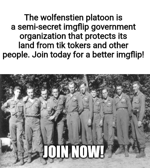 We are a protective group of the non tik tokers and assassinators of the tik tokers! | The wolfenstien platoon is a semi-secret imgflip government organization that protects its land from tik tokers and other people. Join today for a better imgflip! JOIN NOW! | image tagged in blank white template,tik tok,tik tok sucks | made w/ Imgflip meme maker