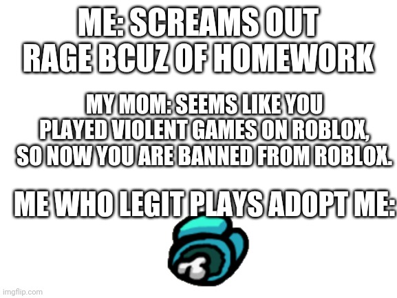 This... is what my life is... | ME: SCREAMS OUT RAGE BCUZ OF HOMEWORK; MY MOM: SEEMS LIKE YOU PLAYED VIOLENT GAMES ON ROBLOX, SO NOW YOU ARE BANNED FROM ROBLOX. ME WHO LEGIT PLAYS ADOPT ME: | image tagged in blank white template | made w/ Imgflip meme maker