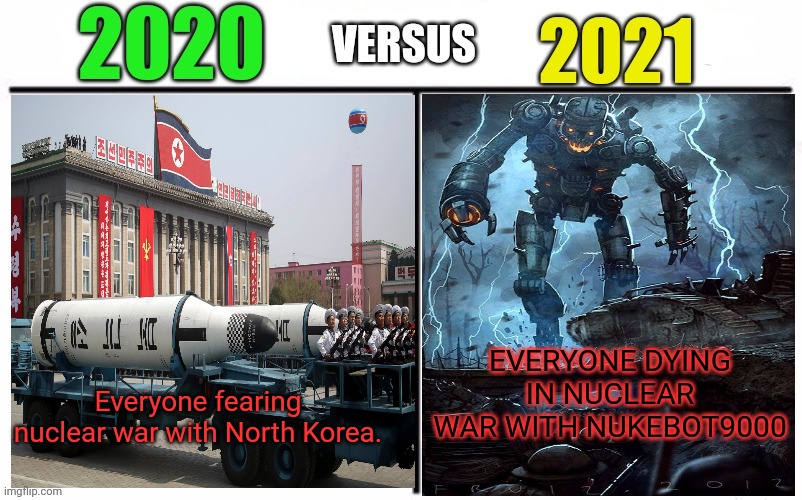 2021 problems | EVERYONE DYING IN NUCLEAR WAR WITH NUKEBOT9000; Everyone fearing nuclear war with North Korea. | image tagged in 2021,nuclear war,north korea,nuke,robot | made w/ Imgflip meme maker