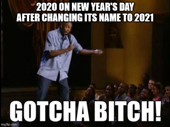 But seriously, Happy New Year's Everyone and stay safe!!! | 2020 ON NEW YEAR'S DAY AFTER CHANGING ITS NAME TO 2021 | image tagged in gotcha bitch | made w/ Imgflip meme maker