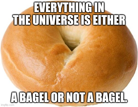 Bagels |  EVERYTHING IN THE UNIVERSE IS EITHER; A BAGEL OR NOT A BAGEL. | image tagged in bagel | made w/ Imgflip meme maker