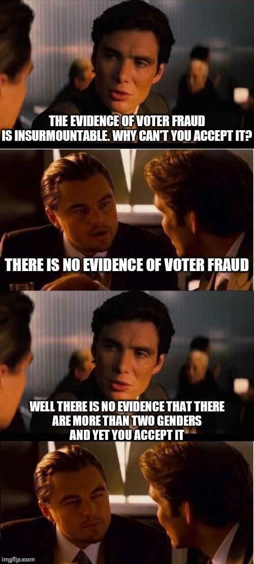 seasick inception | THE EVIDENCE OF VOTER FRAUD
IS INSURMOUNTABLE. WHY CAN'T YOU ACCEPT IT? THERE IS NO EVIDENCE OF VOTER FRAUD; WELL THERE IS NO EVIDENCE THAT THERE
ARE MORE THAN TWO GENDERS
AND YET YOU ACCEPT IT | image tagged in seasick inception,gender identity,liberal logic | made w/ Imgflip meme maker