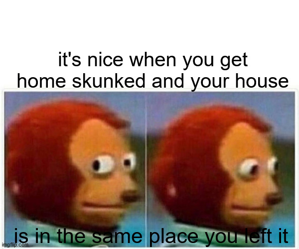 Monkey Puppet | it's nice when you get home skunked and your house; is in the same place you left it | image tagged in memes,monkey puppet | made w/ Imgflip meme maker