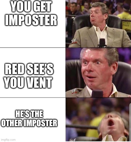mcMahon | YOU GET IMPOSTER; RED SEE’S YOU VENT; HE’S THE OTHER IMPOSTER | image tagged in mcmahon,among us meeting,imposter | made w/ Imgflip meme maker