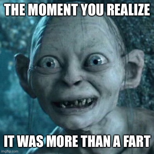 The moment you realize | THE MOMENT YOU REALIZE; IT WAS MORE THAN A FART | image tagged in memes,gollum | made w/ Imgflip meme maker