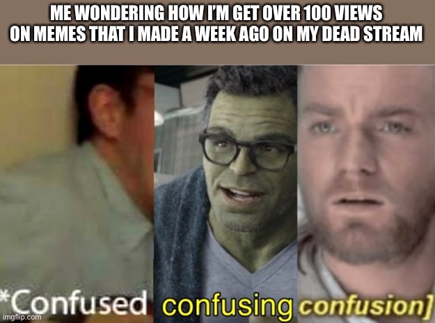 confused confusing confusion | ME WONDERING HOW I’M GET OVER 100 VIEWS ON MEMES THAT I MADE A WEEK AGO ON MY DEAD STREAM | image tagged in confused confusing confusion | made w/ Imgflip meme maker