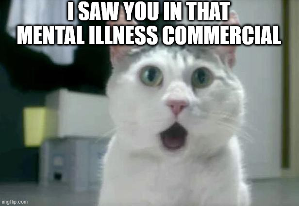 OMG Cat Meme | I SAW YOU IN THAT MENTAL ILLNESS COMMERCIAL | image tagged in memes,omg cat | made w/ Imgflip meme maker
