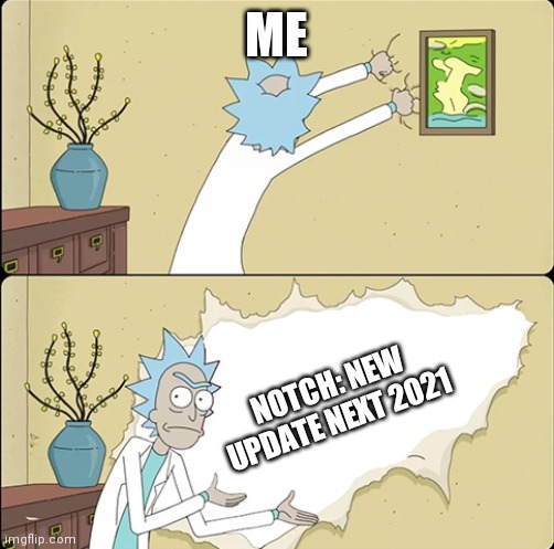 I see this happening | ME; NOTCH: NEW UPDATE NEXT 2021 | image tagged in rick ripping the wall | made w/ Imgflip meme maker