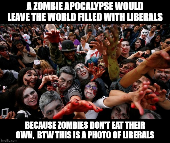 the liberal apocalypse is upon us lol | A ZOMBIE APOCALYPSE WOULD LEAVE THE WORLD FILLED WITH LIBERALS; BECAUSE ZOMBIES DON'T EAT THEIR OWN,  BTW THIS IS A PHOTO OF LIBERALS | image tagged in stupid liberals,truth,funny memes,memes,zombies | made w/ Imgflip meme maker